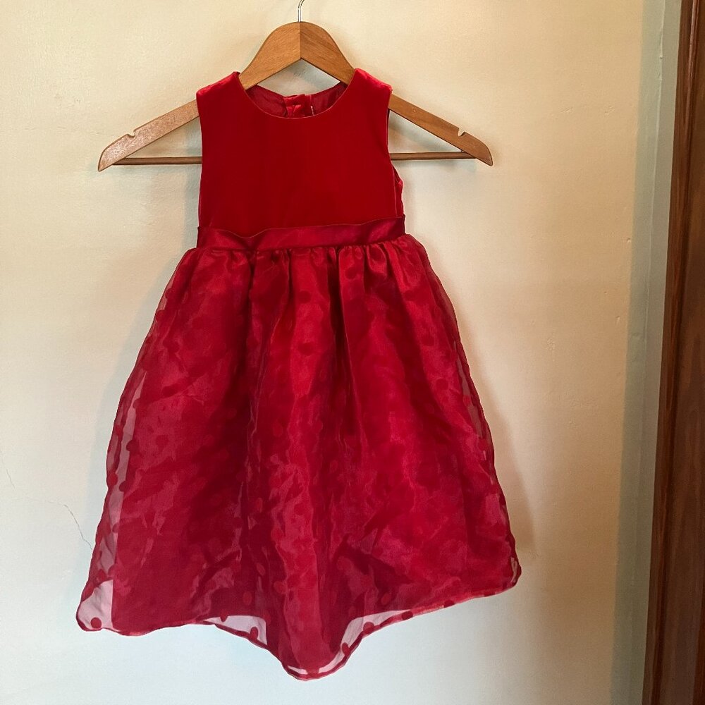 Youngland Girls Red Velvet & Polka Dot Tulle Holiday Dress Size 5T / 5